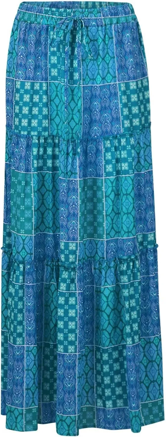Floral Maxi Skirts for Women Summer Comfy High Waist Tie Paisley Print Maxi Skirt A-Line Long Skirts with Pockets