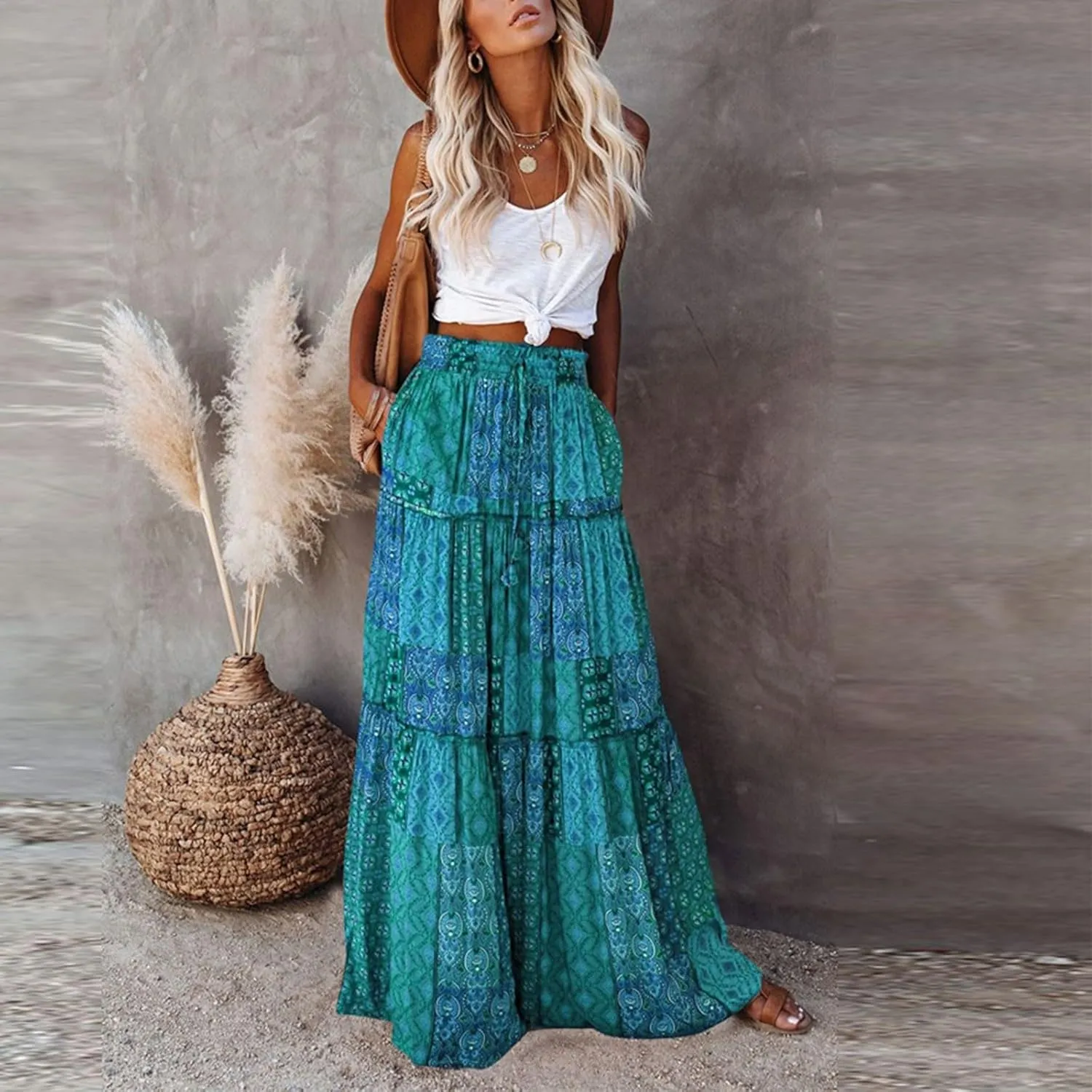 Floral Maxi Skirts for Women Summer Comfy High Waist Tie Paisley Print Maxi Skirt A-Line Long Skirts with Pockets