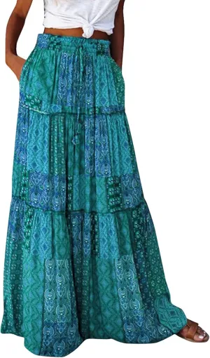 Floral Maxi Skirts for Women Summer Comfy High Waist Tie Paisley Print Maxi Skirt A-Line Long Skirts with Pockets