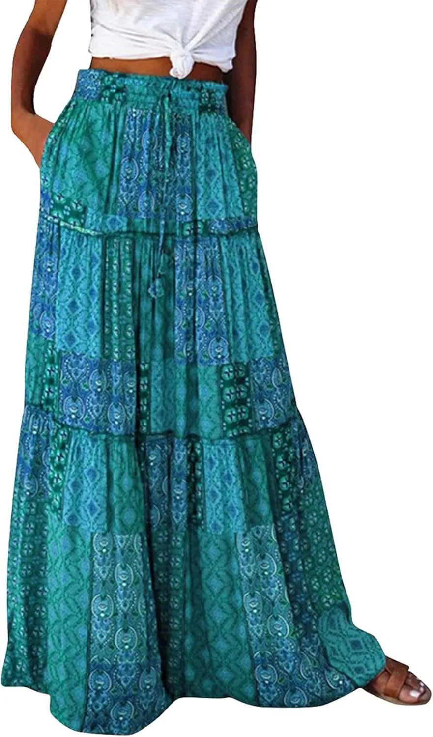 Floral Maxi Skirts for Women Summer Comfy High Waist Tie Paisley Print Maxi Skirt A-Line Long Skirts with Pockets