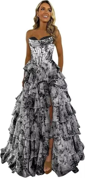Floral Print Prom Dresses for Women Tiered Chiffon Strapless Long Ball Gown Puffy Sweetheart Evening Gown with Slit
