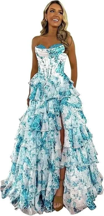 Floral Print Prom Dresses for Women Tiered Chiffon Strapless Long Ball Gown Puffy Sweetheart Evening Gown with Slit