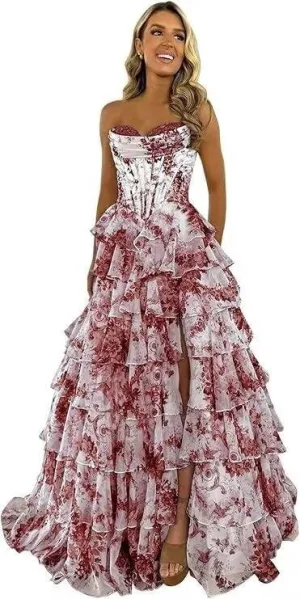 Floral Print Prom Dresses for Women Tiered Chiffon Strapless Long Ball Gown Puffy Sweetheart Evening Gown with Slit