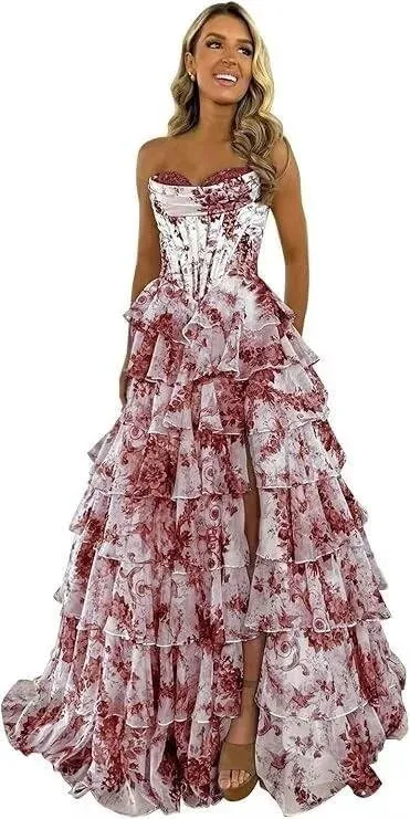 Floral Print Prom Dresses for Women Tiered Chiffon Strapless Long Ball Gown Puffy Sweetheart Evening Gown with Slit