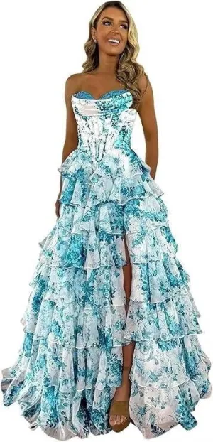 Floral Print Prom Dresses for Women Tiered Chiffon Strapless Long Ball Gown Puffy Sweetheart Evening Gown with Slit