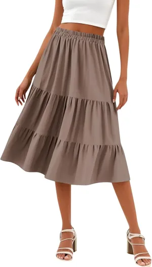 Floral Skirts for Women Calf Length Boho Beach Flowy Midi Skirt Vacation Tiered High Elastic Waist Skirts Summer