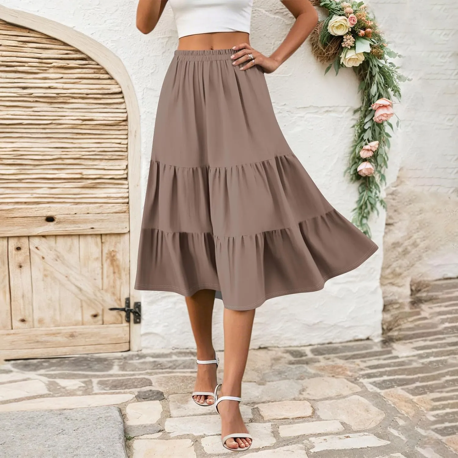 Floral Skirts for Women Calf Length Boho Beach Flowy Midi Skirt Vacation Tiered High Elastic Waist Skirts Summer