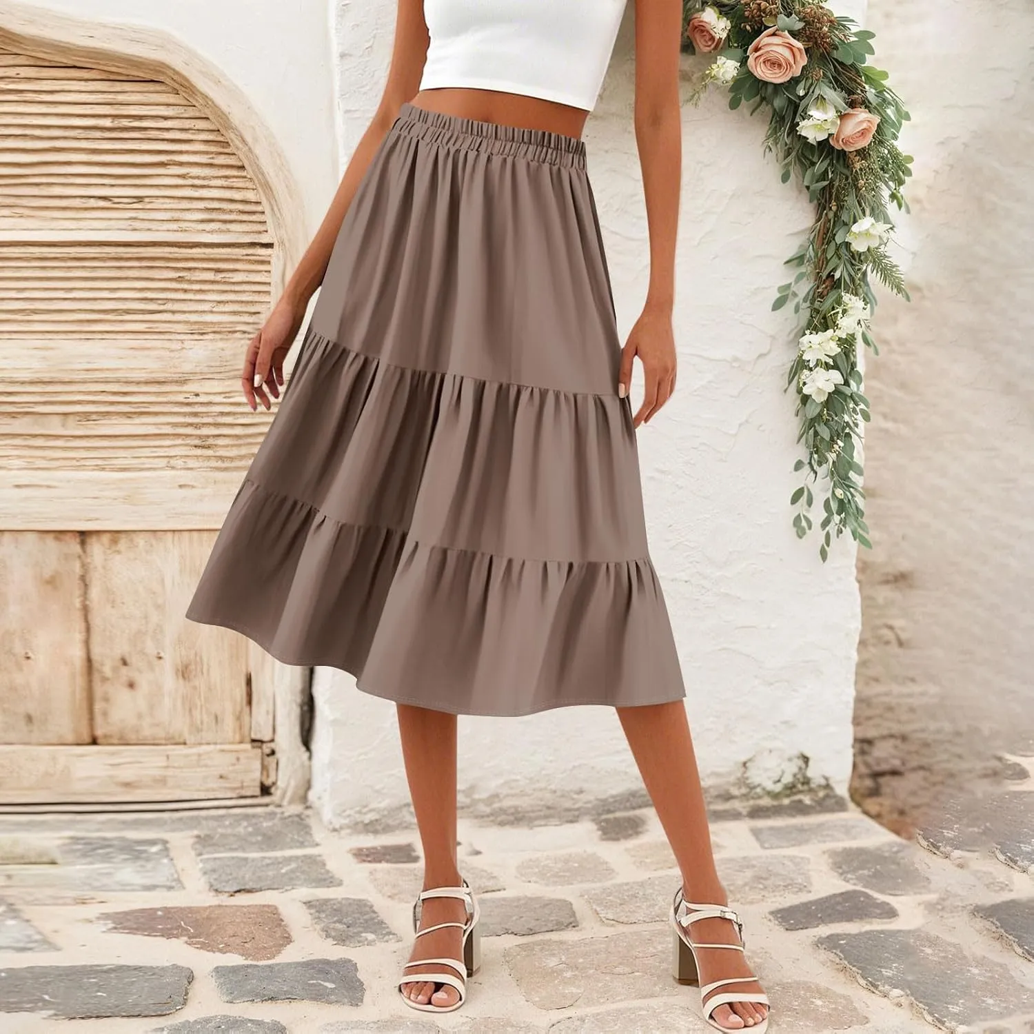 Floral Skirts for Women Calf Length Boho Beach Flowy Midi Skirt Vacation Tiered High Elastic Waist Skirts Summer