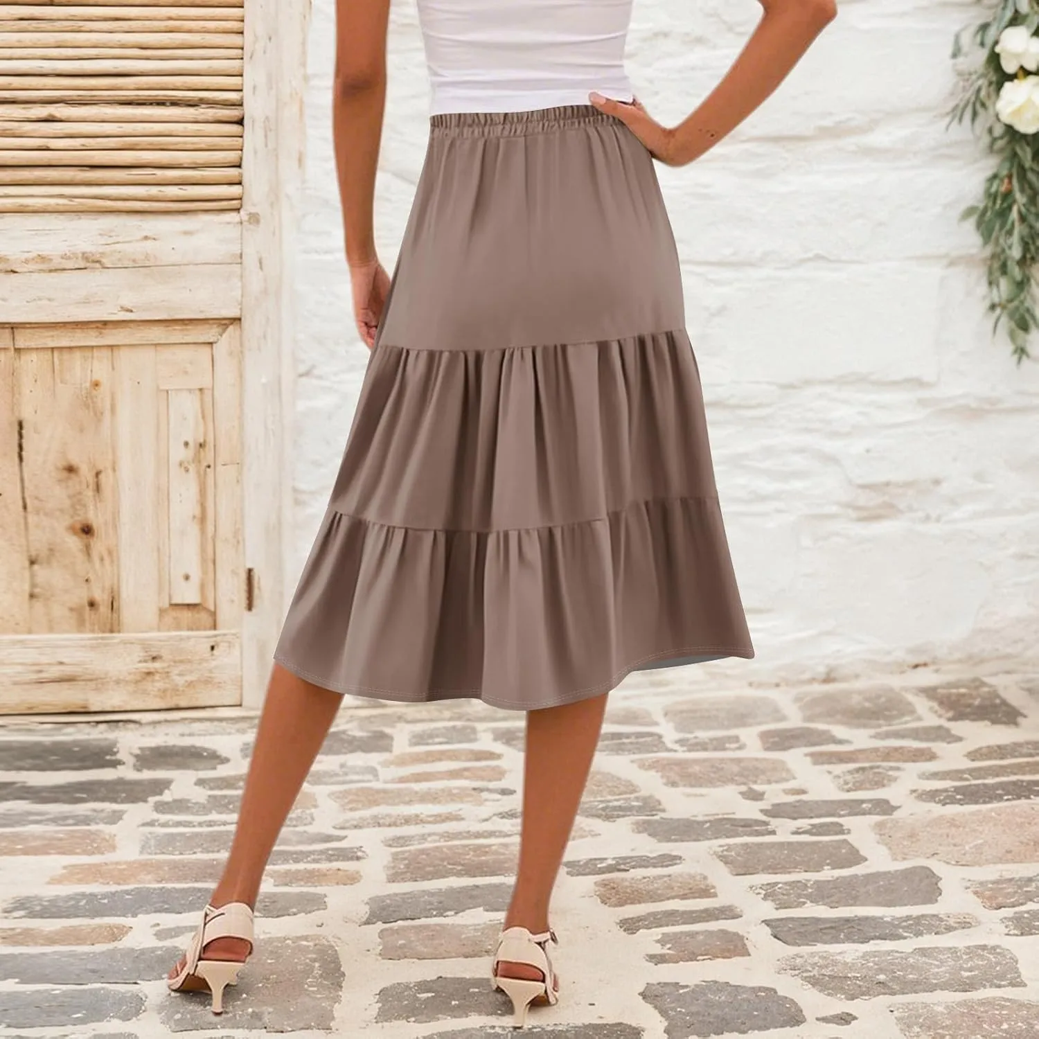 Floral Skirts for Women Calf Length Boho Beach Flowy Midi Skirt Vacation Tiered High Elastic Waist Skirts Summer