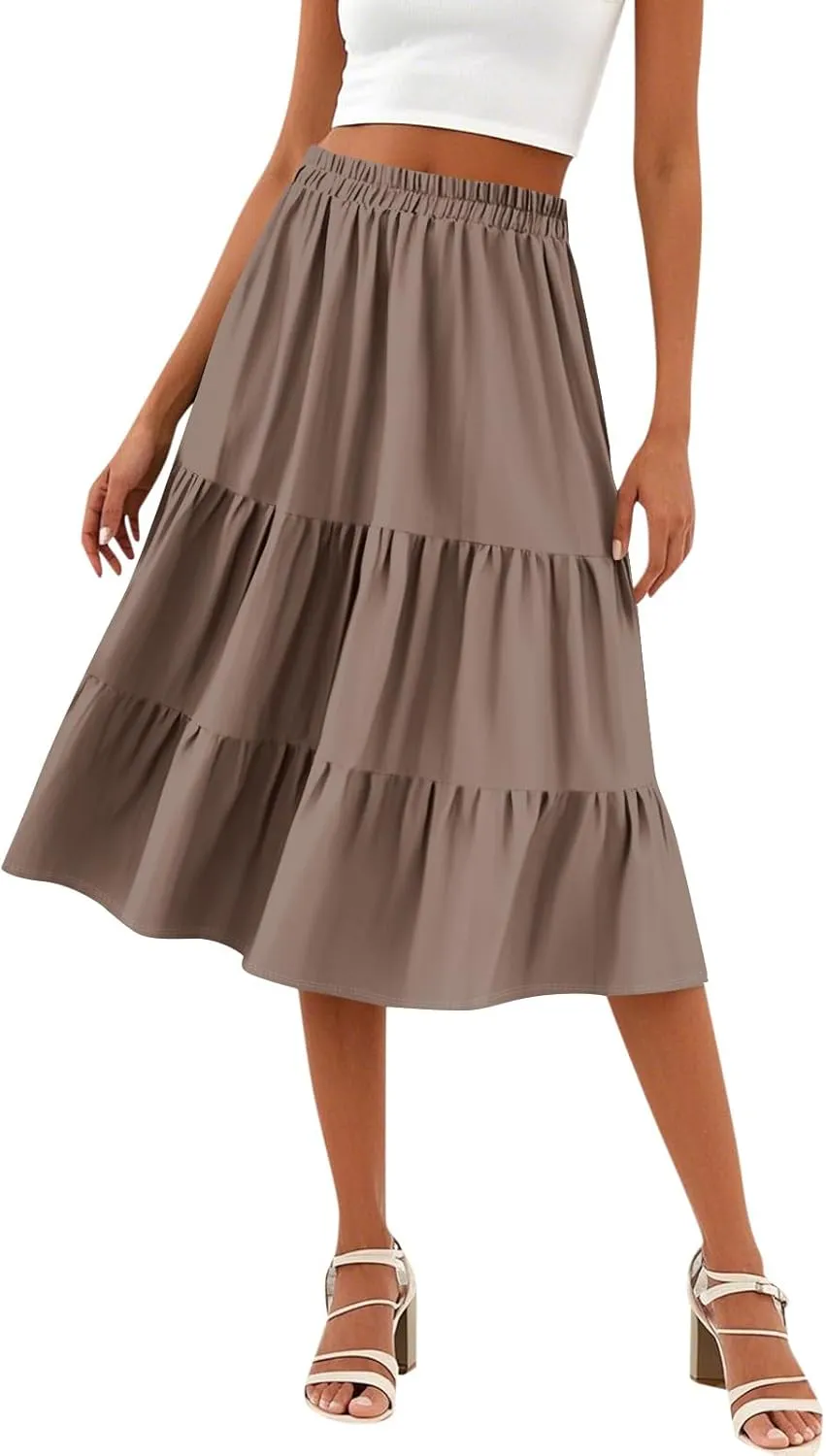 Floral Skirts for Women Calf Length Boho Beach Flowy Midi Skirt Vacation Tiered High Elastic Waist Skirts Summer
