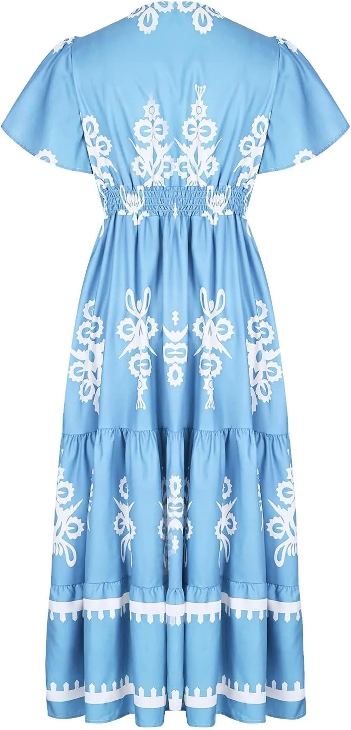 Flowy Dresses for Women V Neck Waist-Length Flowy a-Line Mini Dress Casual Loose Swing Midi Dresses with Pockets