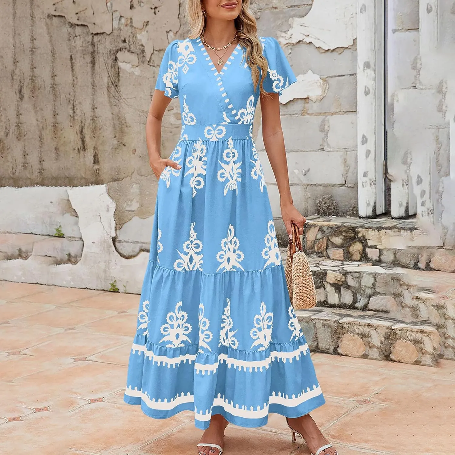 Flowy Dresses for Women V Neck Waist-Length Flowy a-Line Mini Dress Casual Loose Swing Midi Dresses with Pockets
