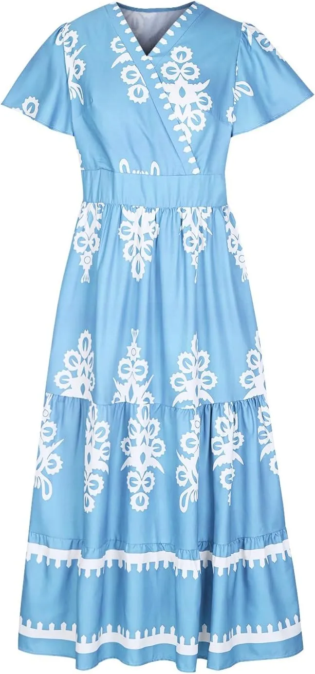 Flowy Dresses for Women V Neck Waist-Length Flowy a-Line Mini Dress Casual Loose Swing Midi Dresses with Pockets