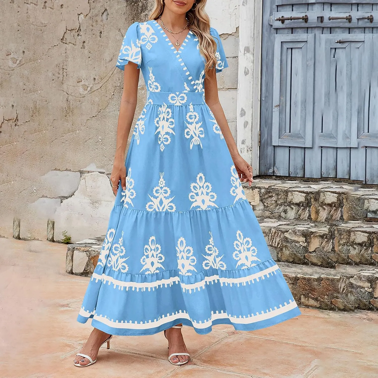 Flowy Dresses for Women V Neck Waist-Length Flowy a-Line Mini Dress Casual Loose Swing Midi Dresses with Pockets