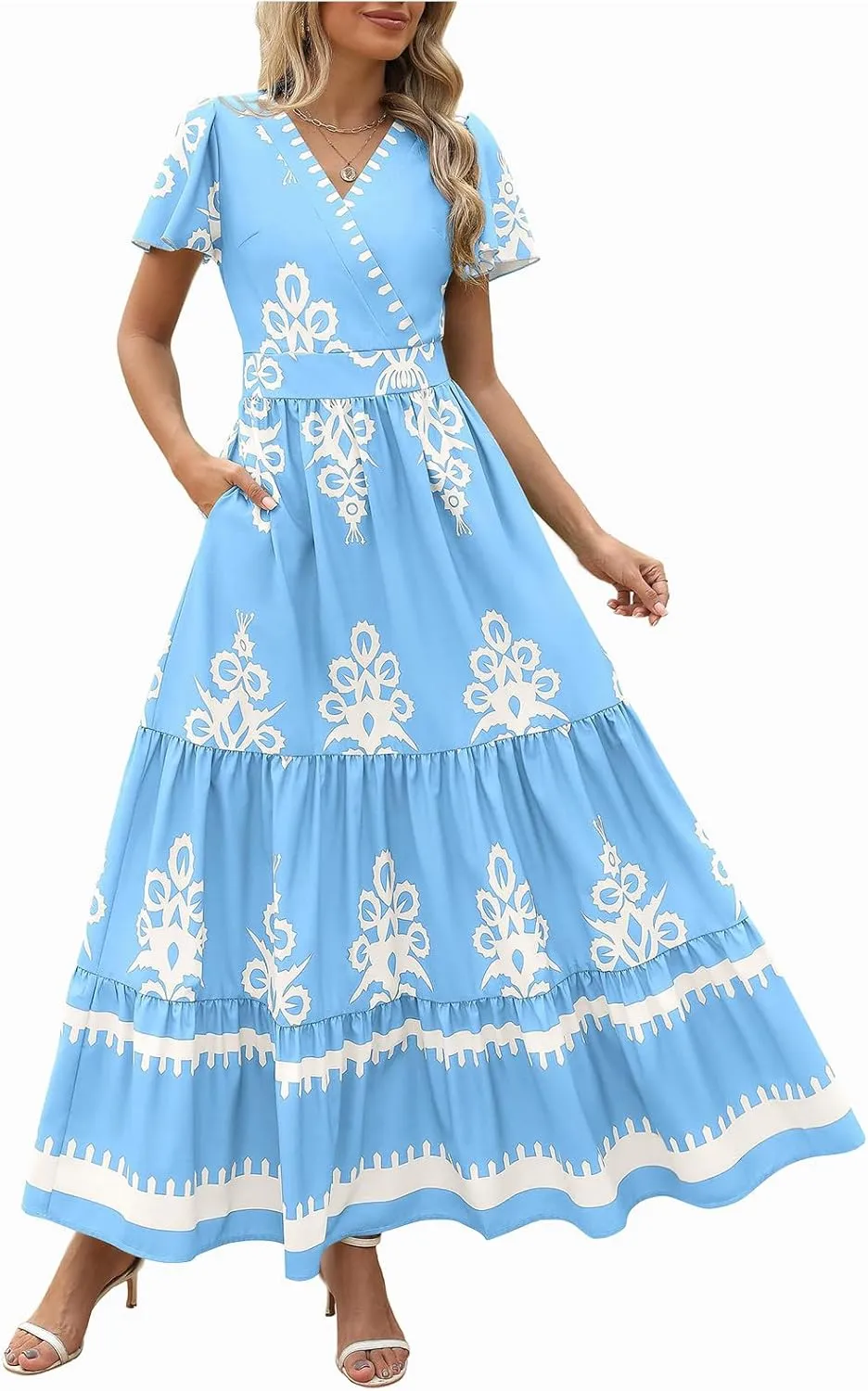 Flowy Dresses for Women V Neck Waist-Length Flowy a-Line Mini Dress Casual Loose Swing Midi Dresses with Pockets