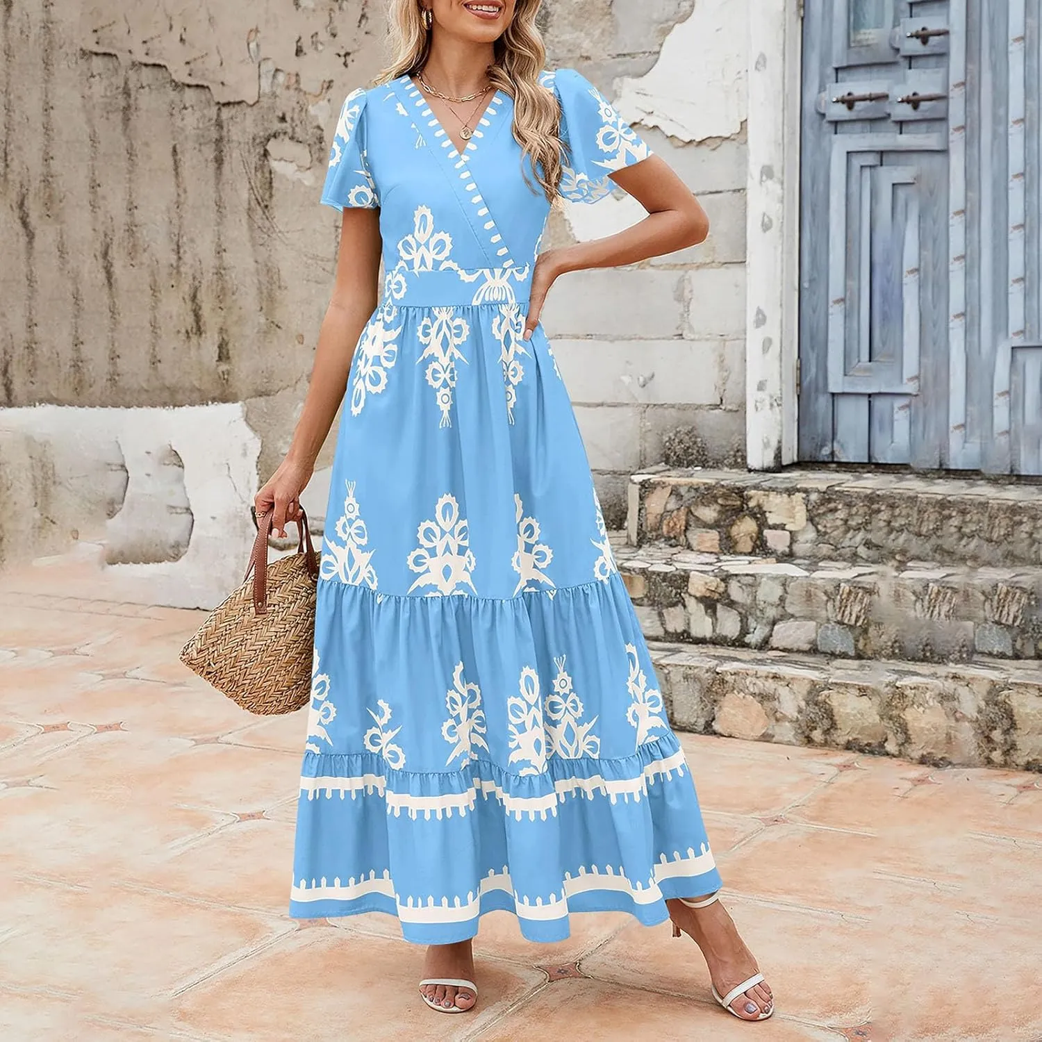 Flowy Dresses for Women V Neck Waist-Length Flowy a-Line Mini Dress Casual Loose Swing Midi Dresses with Pockets