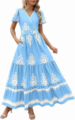 Flowy Dresses for Women V Neck Waist-Length Flowy a-Line Mini Dress Casual Loose Swing Midi Dresses with Pockets