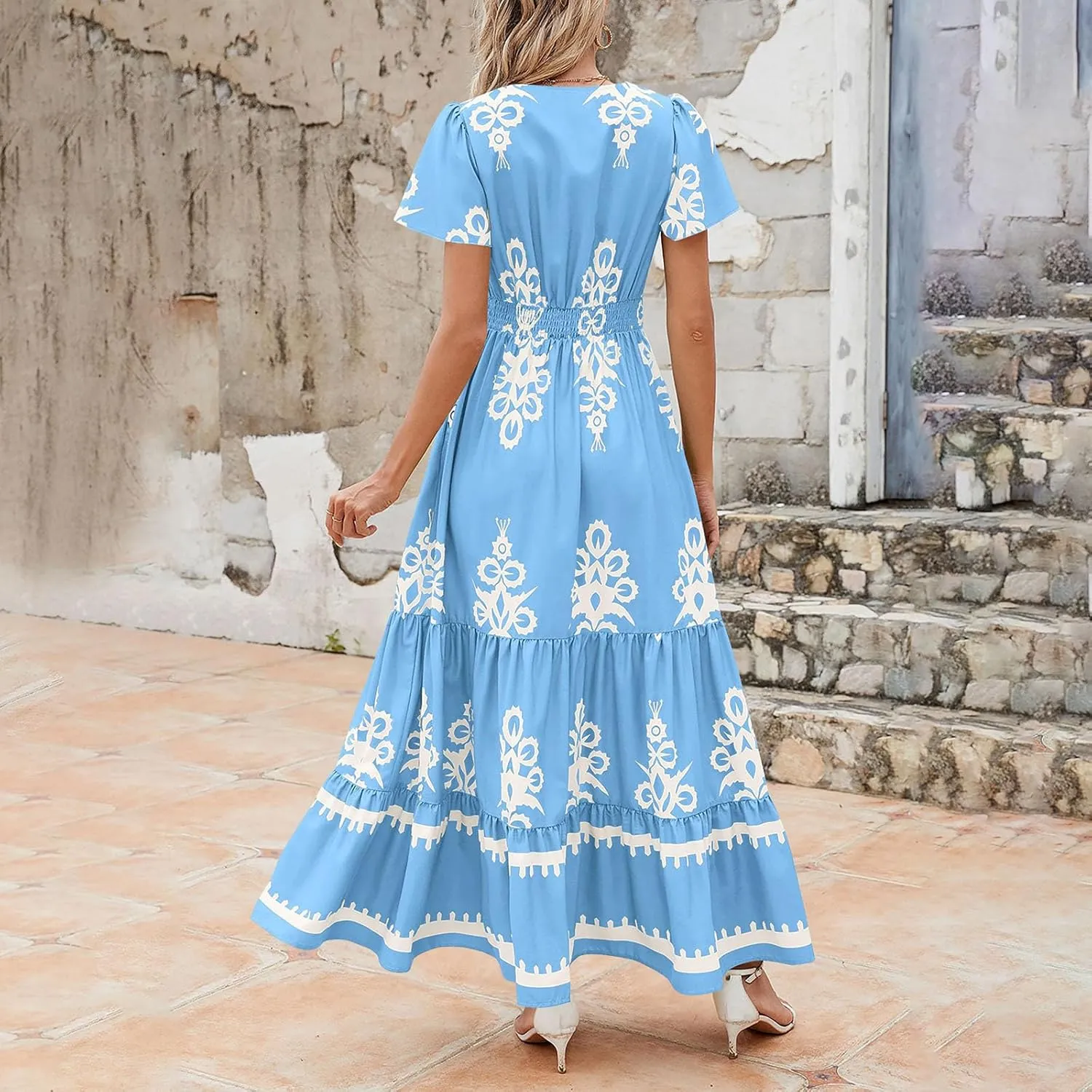 Flowy Dresses for Women V Neck Waist-Length Flowy a-Line Mini Dress Casual Loose Swing Midi Dresses with Pockets