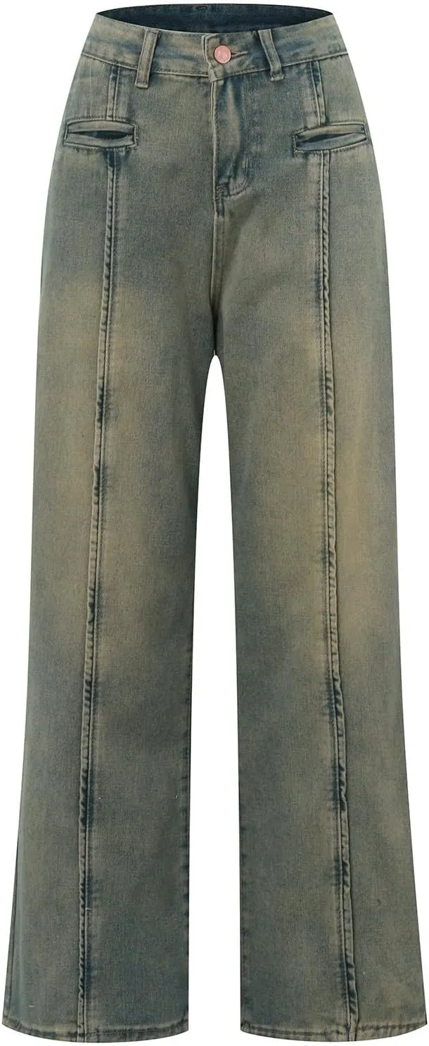 FZVYD Cute Jeans for Women Star Patchwork Pants High Waisted Straight Leg Baggy Jean Casual Baggy 2024 Trendy Streetwear