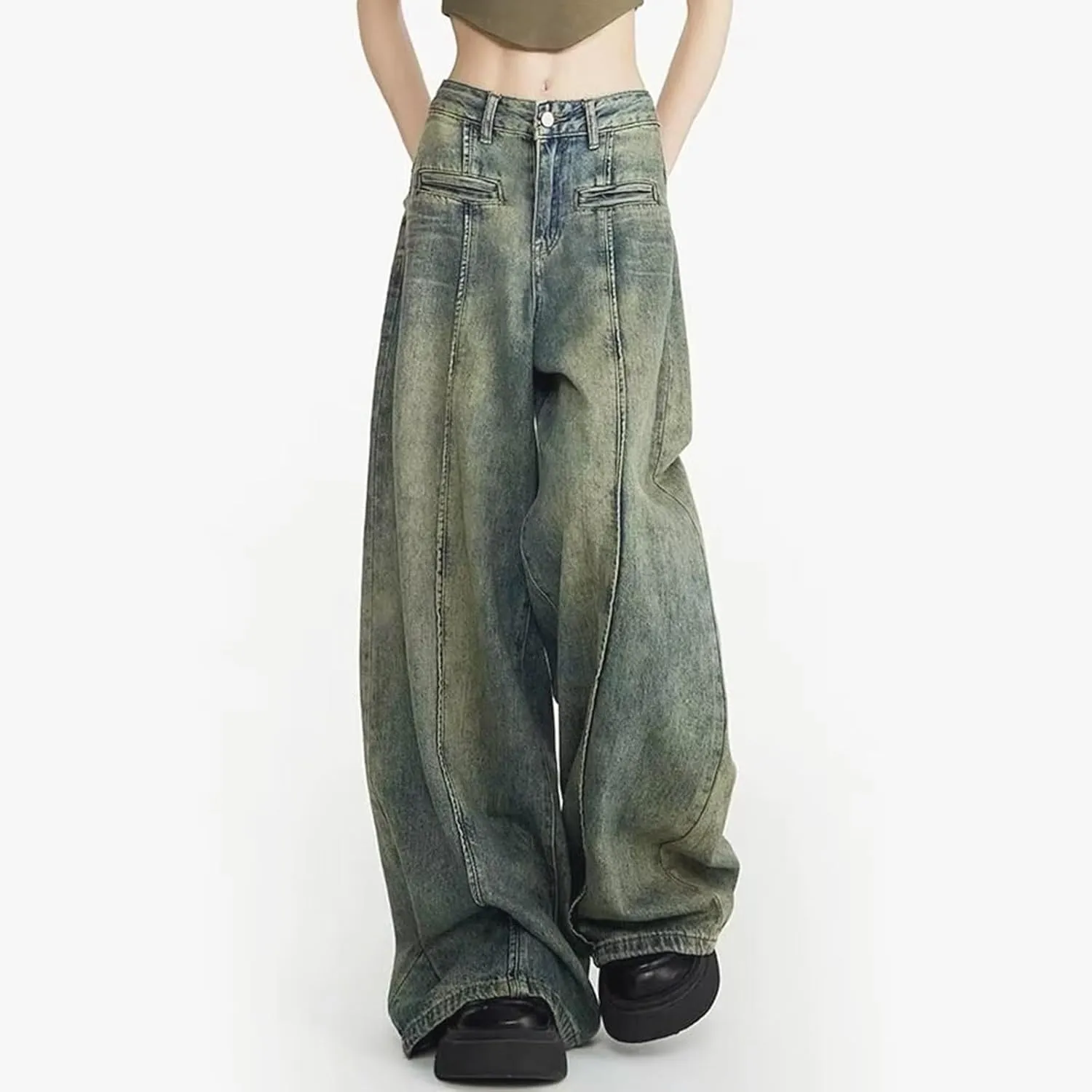 FZVYD Cute Jeans for Women Star Patchwork Pants High Waisted Straight Leg Baggy Jean Casual Baggy 2024 Trendy Streetwear