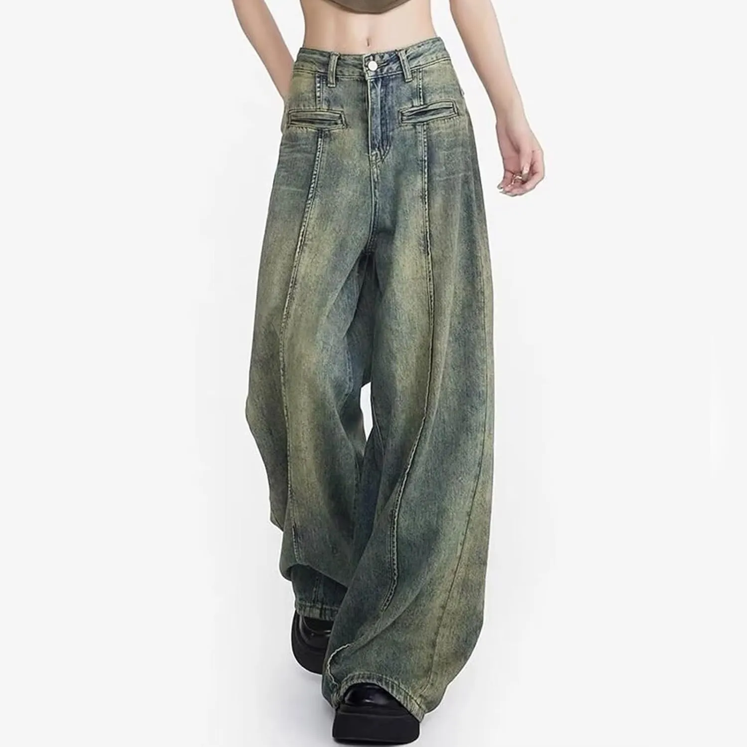 FZVYD Cute Jeans for Women Star Patchwork Pants High Waisted Straight Leg Baggy Jean Casual Baggy 2024 Trendy Streetwear