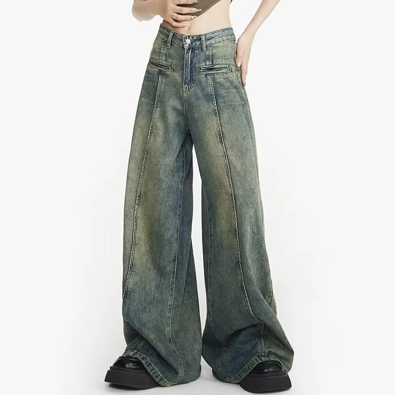 FZVYD Cute Jeans for Women Star Patchwork Pants High Waisted Straight Leg Baggy Jean Casual Baggy 2024 Trendy Streetwear