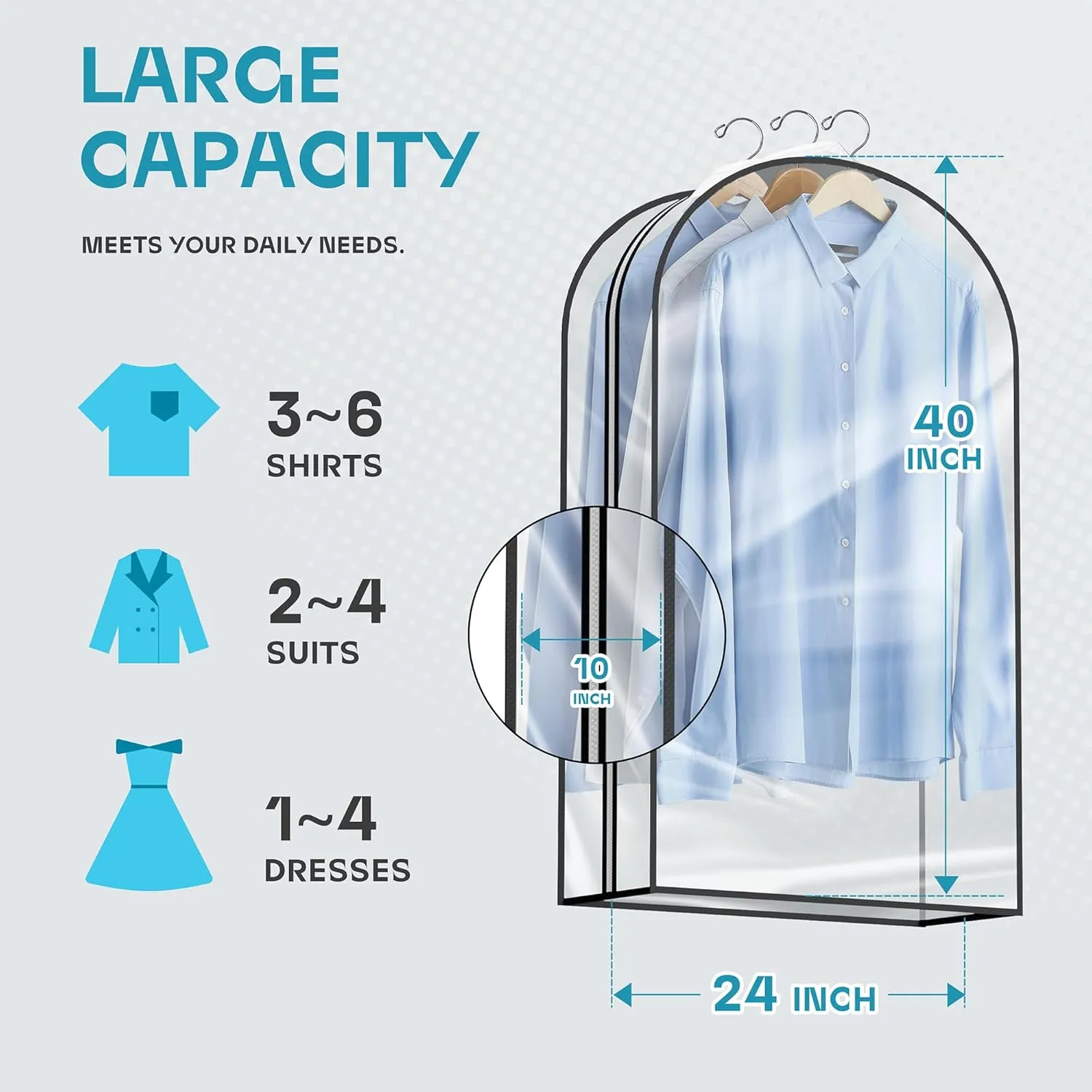 Garment Bags for Travel and Closet Storage with Zipper, 40 inches Clear Suit Bag for Suits, Coats, Jackets, Shirts