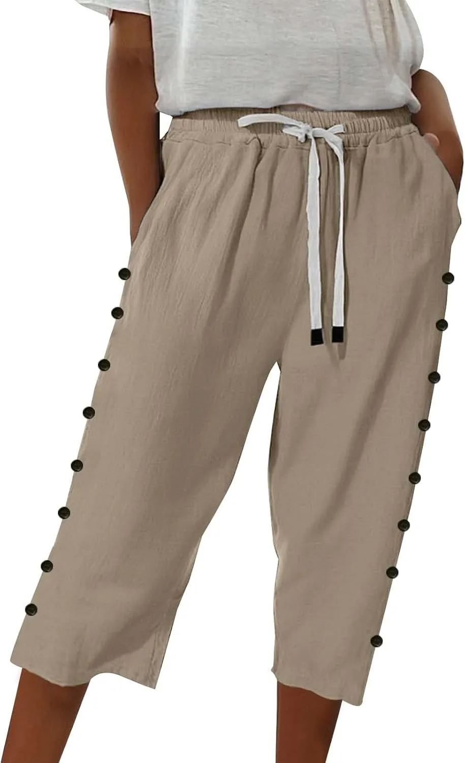 GIERIDUC Linen Pants Women Loose Capris for Women Summer Cropped Drawstring Elastic Waist Trouser Side Button Bermuda Shorts