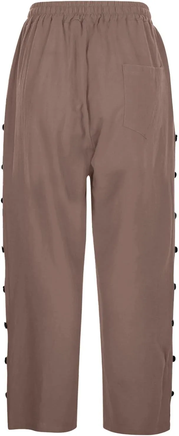 GIERIDUC Linen Pants Women Loose Capris for Women Summer Cropped Drawstring Elastic Waist Trouser Side Button Bermuda Shorts
