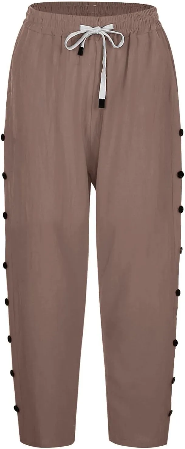 GIERIDUC Linen Pants Women Loose Capris for Women Summer Cropped Drawstring Elastic Waist Trouser Side Button Bermuda Shorts