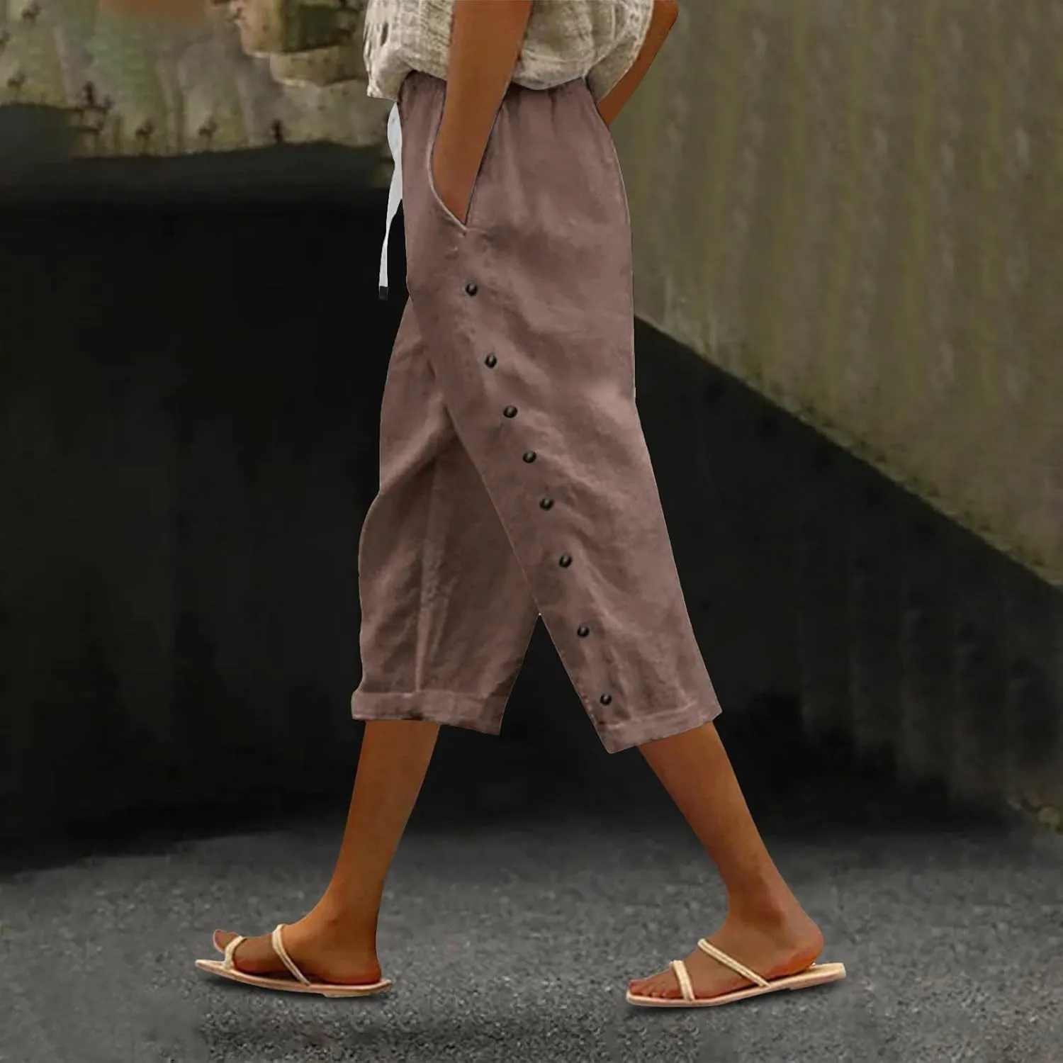 GIERIDUC Linen Pants Women Loose Capris for Women Summer Cropped Drawstring Elastic Waist Trouser Side Button Bermuda Shorts