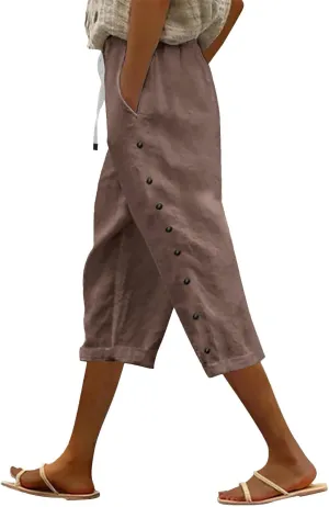 GIERIDUC Linen Pants Women Loose Capris for Women Summer Cropped Drawstring Elastic Waist Trouser Side Button Bermuda Shorts
