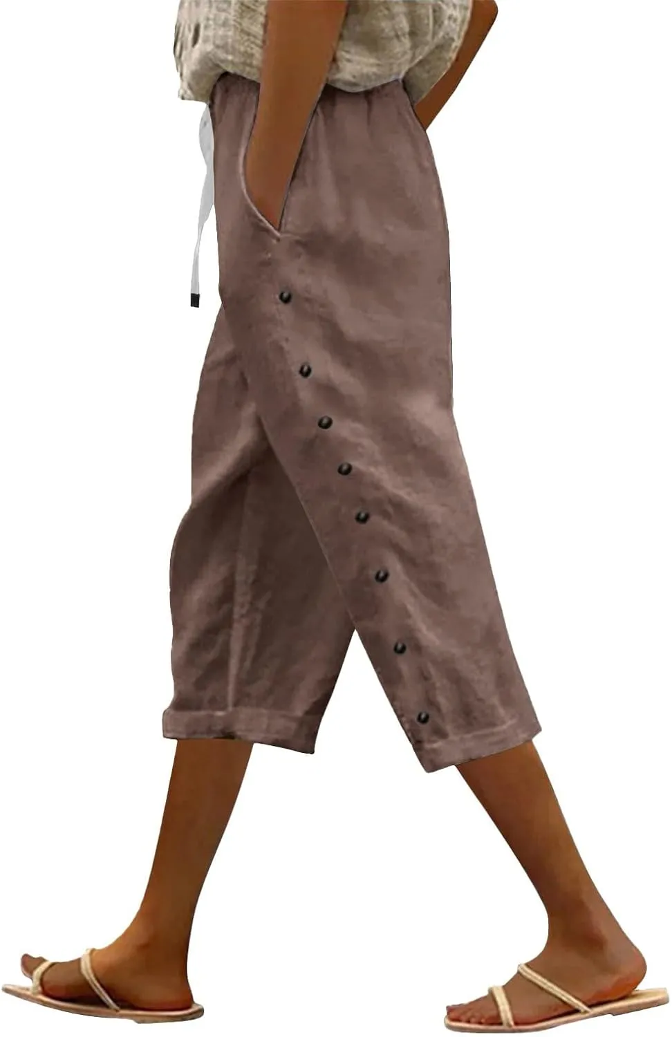 GIERIDUC Linen Pants Women Loose Capris for Women Summer Cropped Drawstring Elastic Waist Trouser Side Button Bermuda Shorts