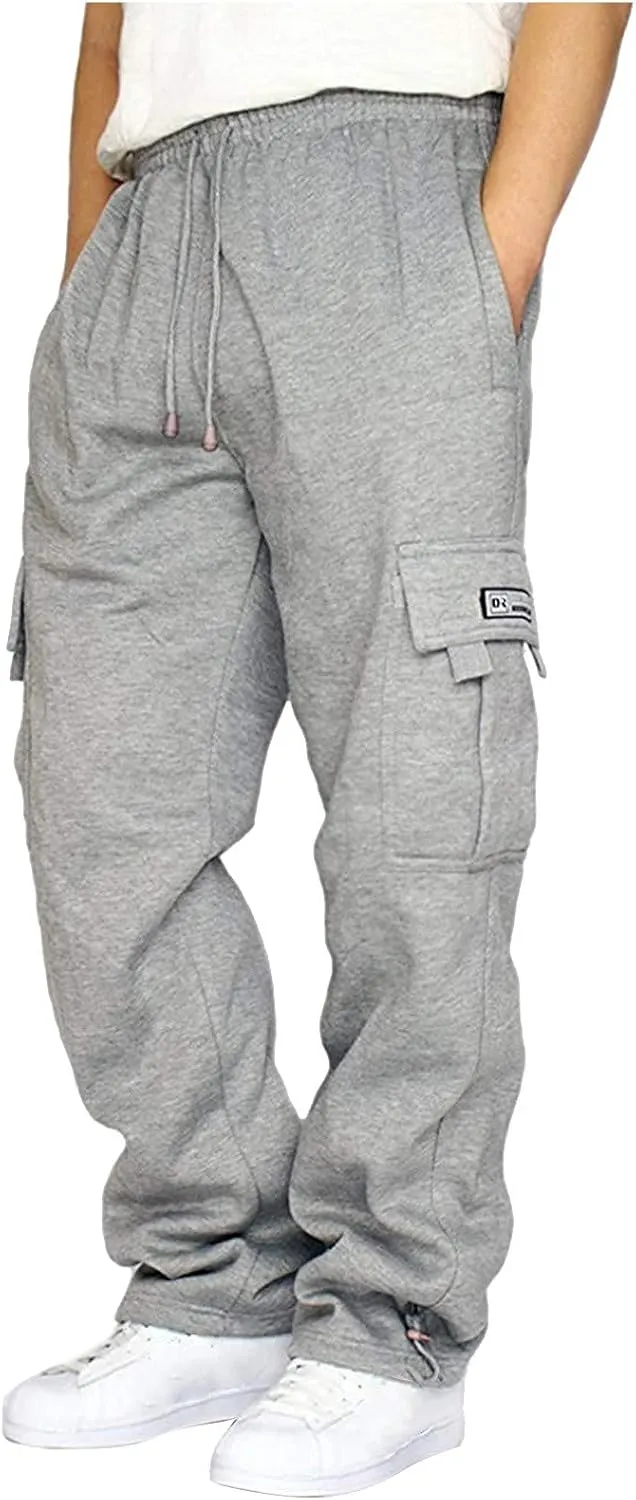 GOFULY Men Cargo Pants Fleece Elastic Waist Drawstring Baggy Pants Casual Sweatpants with Pockets Outdoor Joggers Trousers