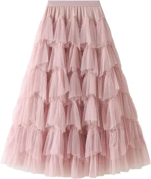 GOLDSTITCH Tulle Skirts for Women Long Fairy Skirt Tutu A-Line Mesh Layered High Elastic Waist Skirts