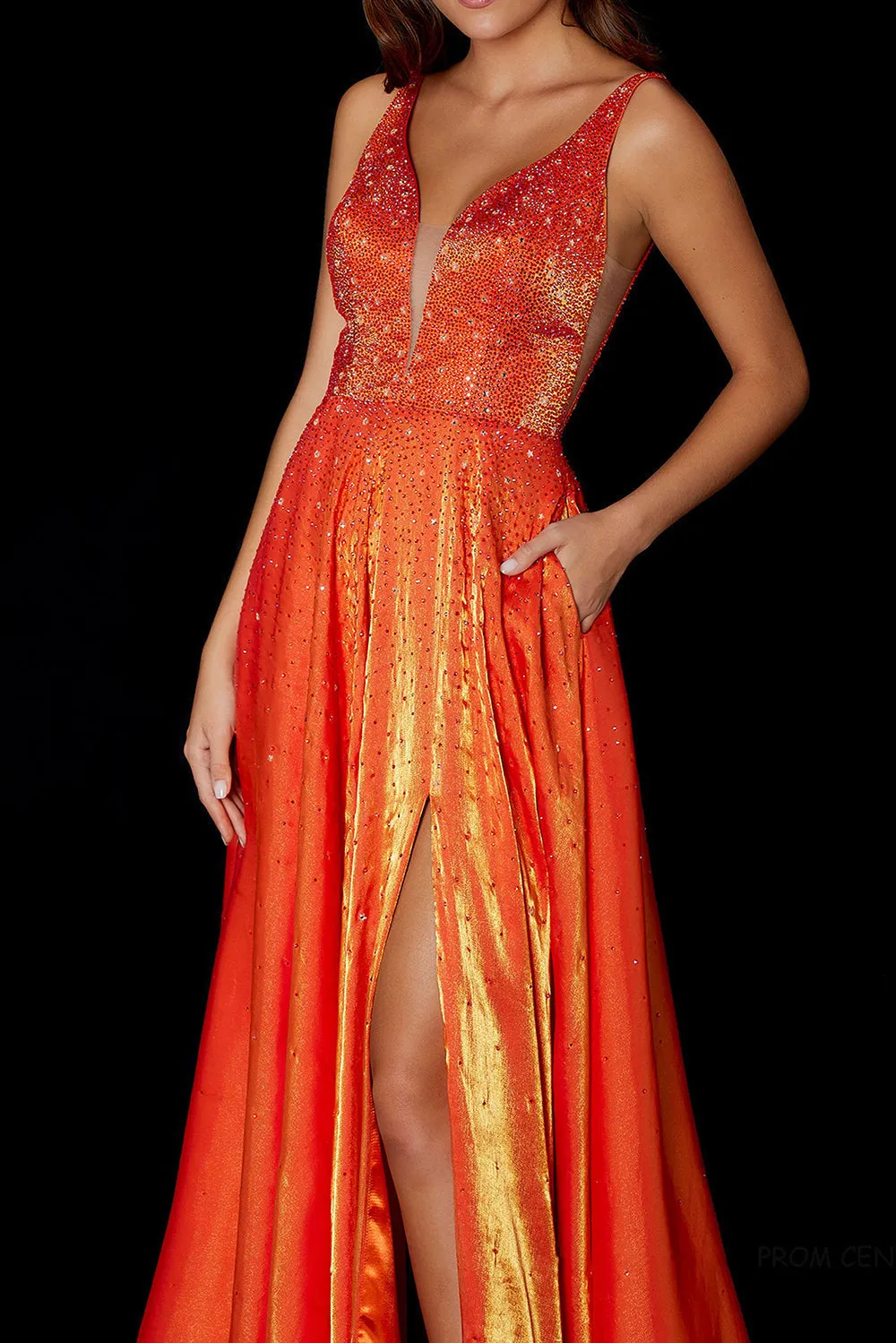 Gorgeous Deep V-neck Sleeveless Split Front Prom Dress With Sequins