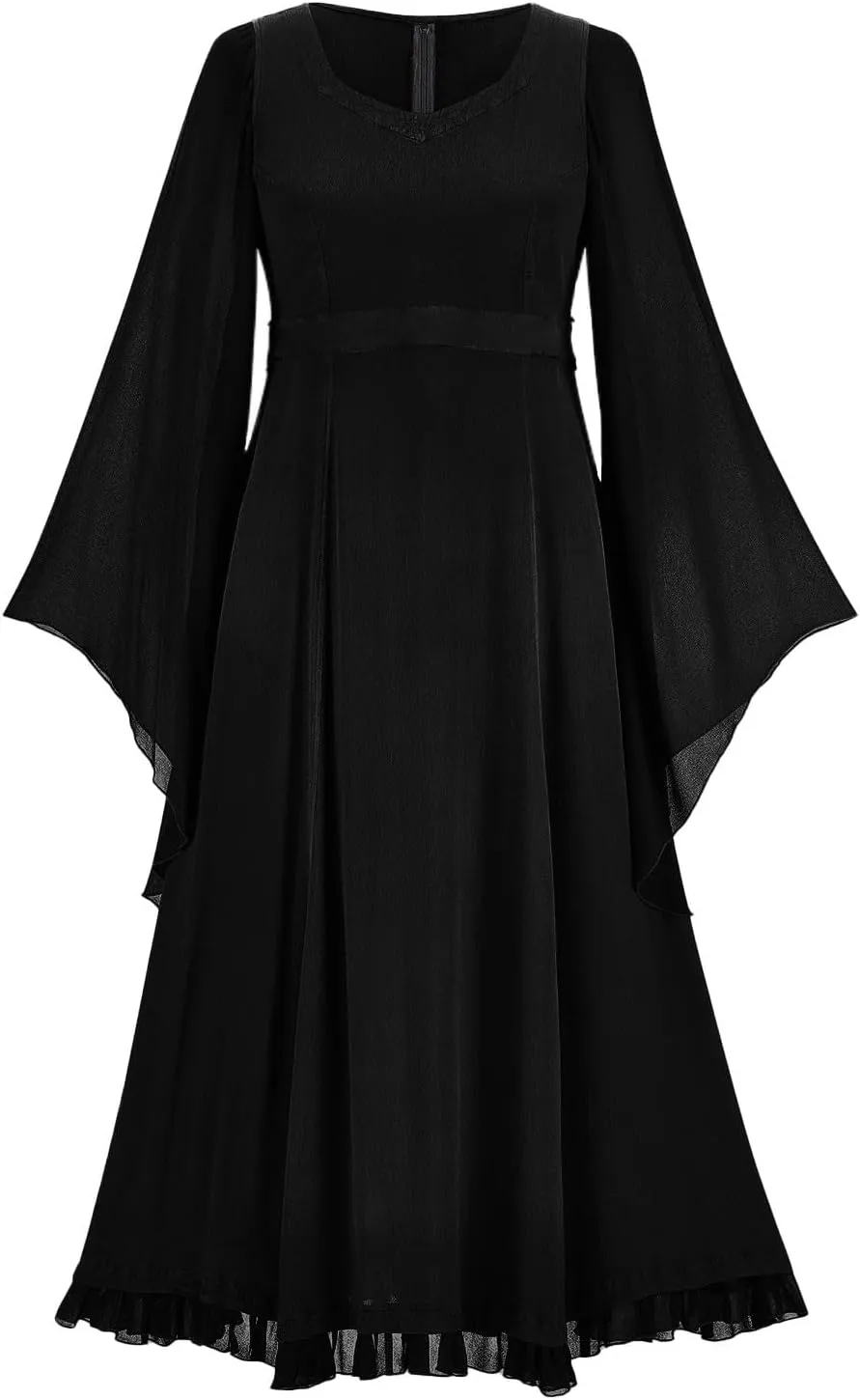 Gothic Mesh Midi Dress Women Flare Long Sleeves Dresses Ladies V-Neck Dress Punk Pleated Skirt Goth Medieval Costume