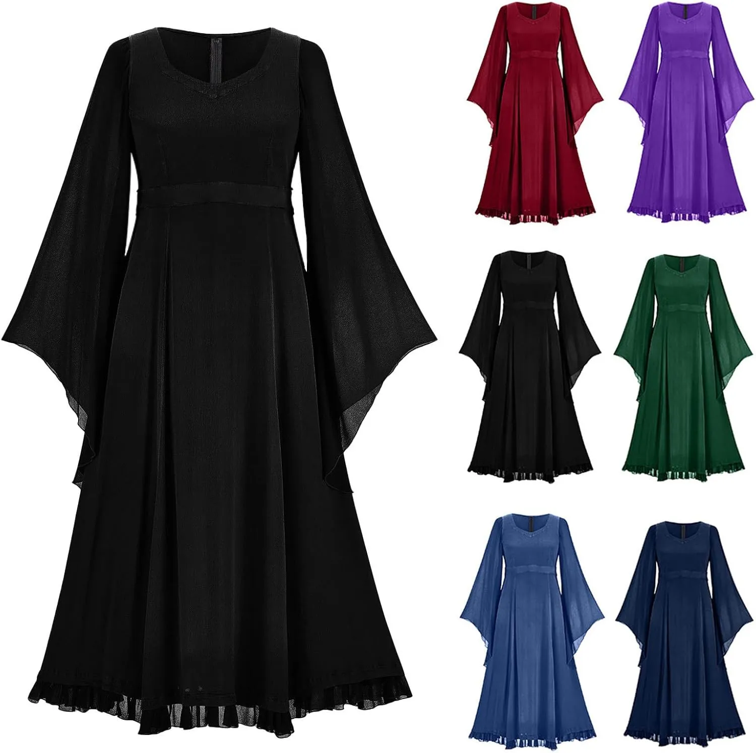 Gothic Mesh Midi Dress Women Flare Long Sleeves Dresses Ladies V-Neck Dress Punk Pleated Skirt Goth Medieval Costume
