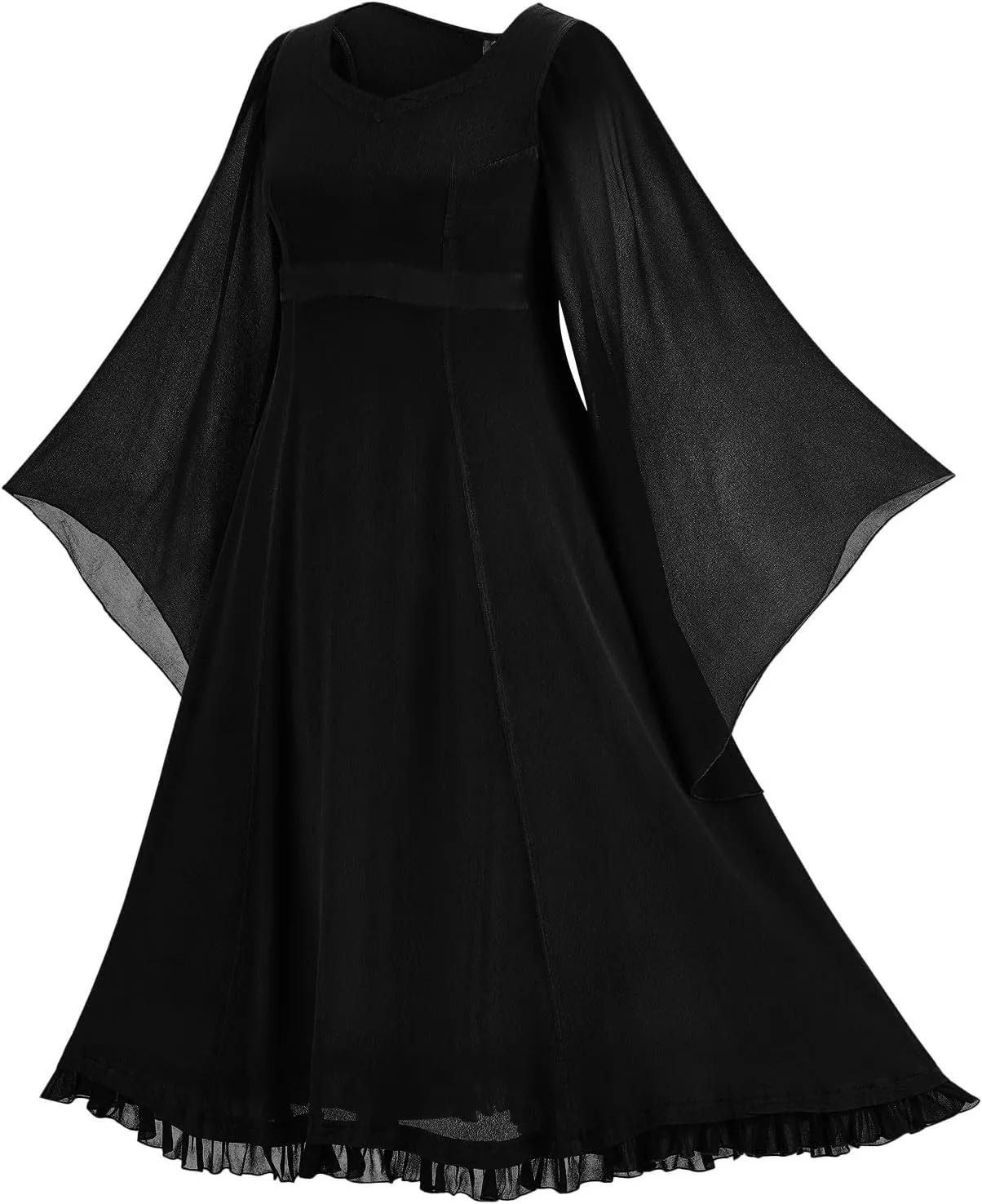 Gothic Mesh Midi Dress Women Flare Long Sleeves Dresses Ladies V-Neck Dress Punk Pleated Skirt Goth Medieval Costume