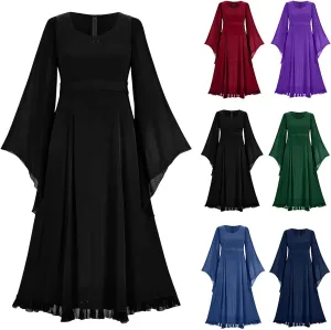 Gothic Mesh Midi Dress Women Flare Long Sleeves Dresses Ladies V-Neck Dress Punk Pleated Skirt Goth Medieval Costume