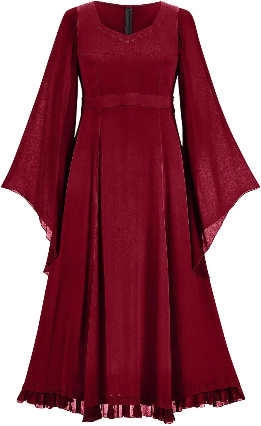 Gothic Mesh Midi Dress Women Flare Long Sleeves Dresses Ladies V-Neck Dress Punk Pleated Skirt Goth Medieval Costume