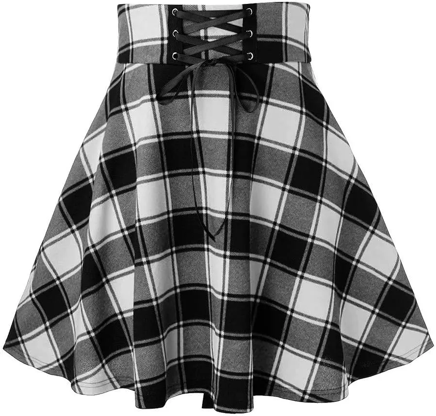 Gothic Plaid Mini Skirts for Women Punk Pleated Skirt Mini A Line Skirts Lace Up Goth Skirt High Waist Short Skirts