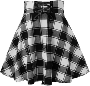 Gothic Plaid Mini Skirts for Women Punk Pleated Skirt Mini A Line Skirts Lace Up Goth Skirt High Waist Short Skirts