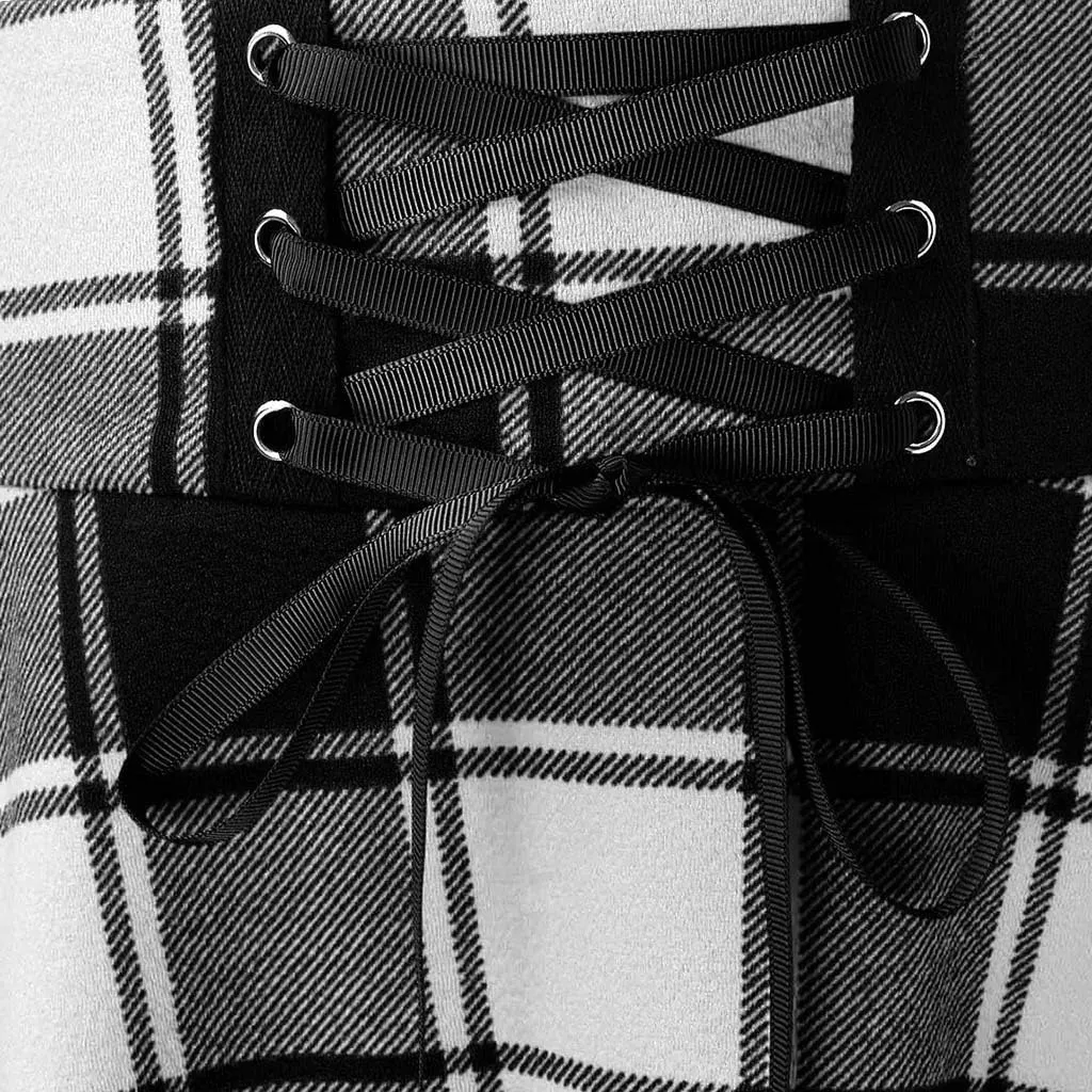 Gothic Plaid Mini Skirts for Women Punk Pleated Skirt Mini A Line Skirts Lace Up Goth Skirt High Waist Short Skirts