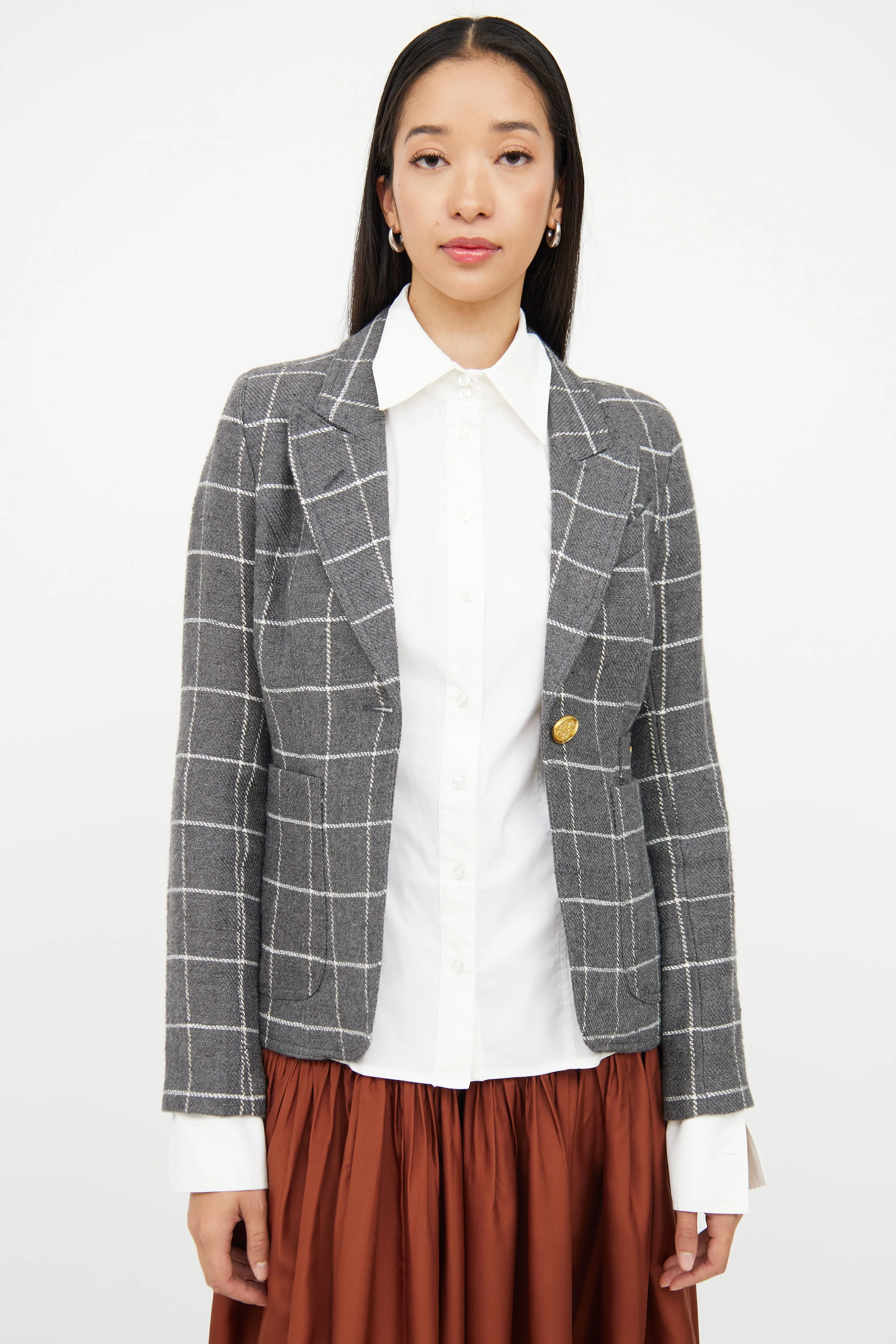 Grey & White Wool Blend Check Blazer