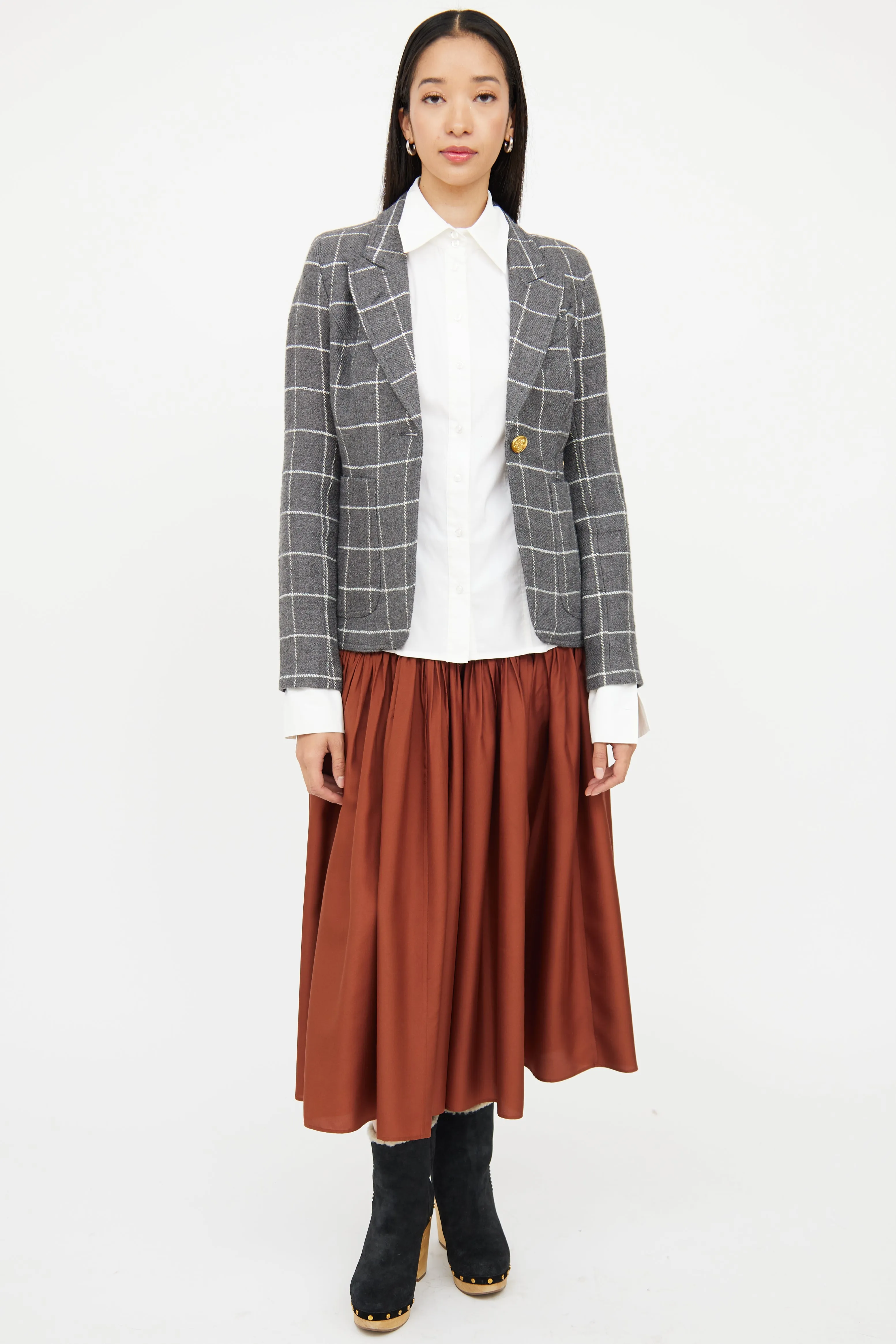Grey & White Wool Blend Check Blazer