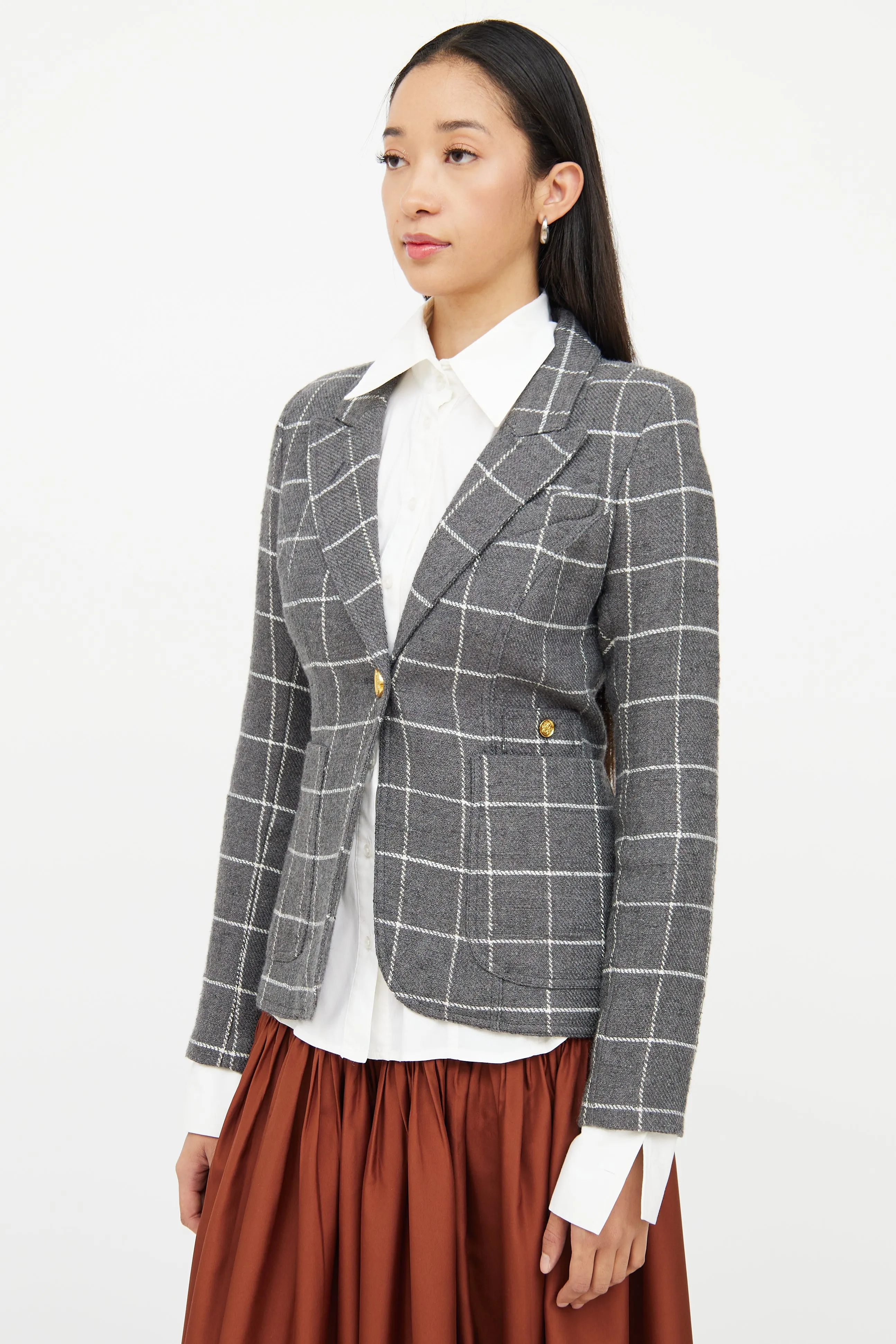 Grey & White Wool Blend Check Blazer