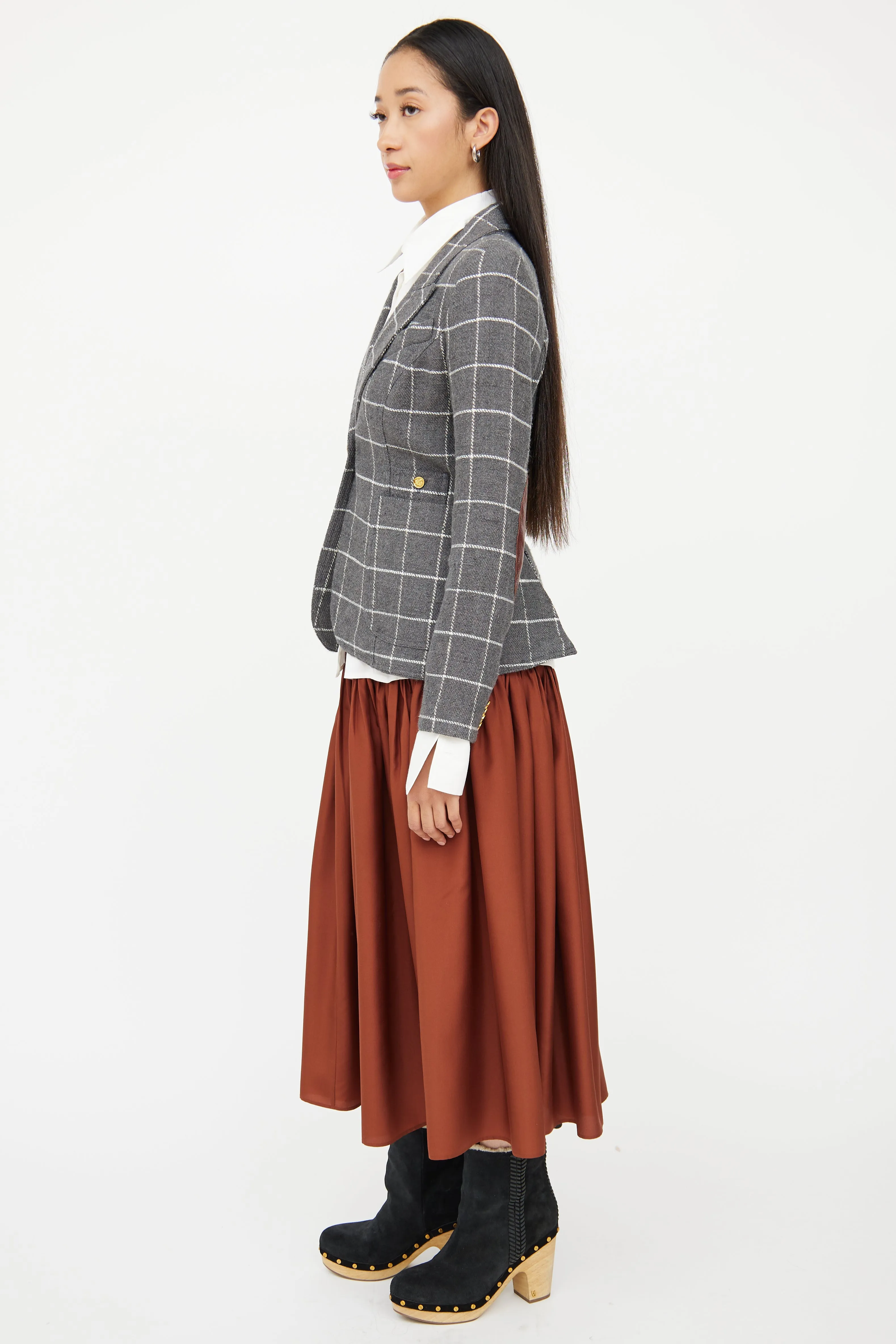 Grey & White Wool Blend Check Blazer