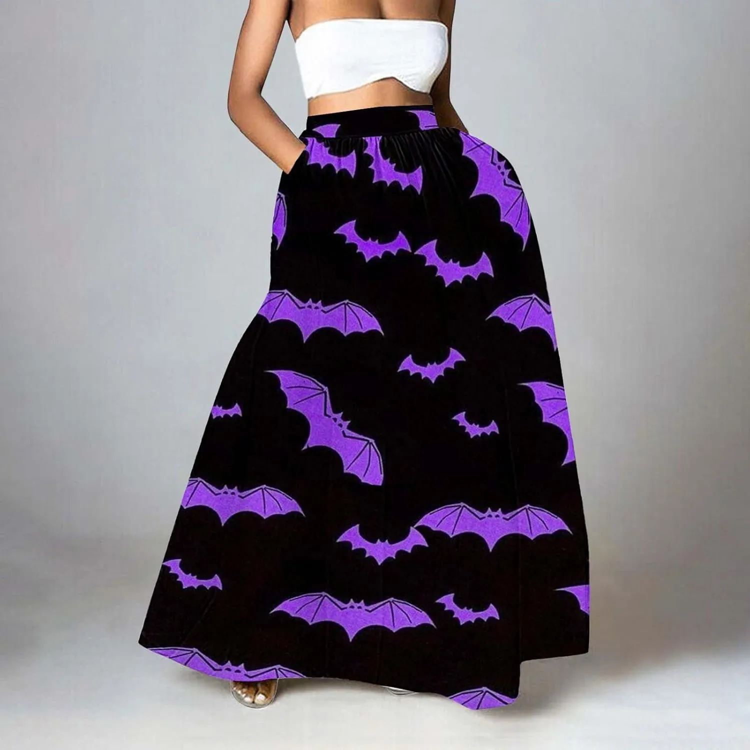 Halloween Tutu Skirt High Waist Party Beach Pocket Long Maxi Skirt Halloween bat Pattern Womens Summer Skirts Tulle