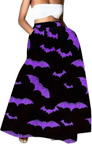Halloween Tutu Skirt High Waist Party Beach Pocket Long Maxi Skirt Halloween bat Pattern Womens Summer Skirts Tulle